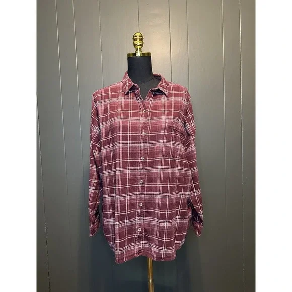 Sonoma Maroon Red White Flannel Plaid Button Down Women's XXL 2XL Plus Size - Picture 1 of 8